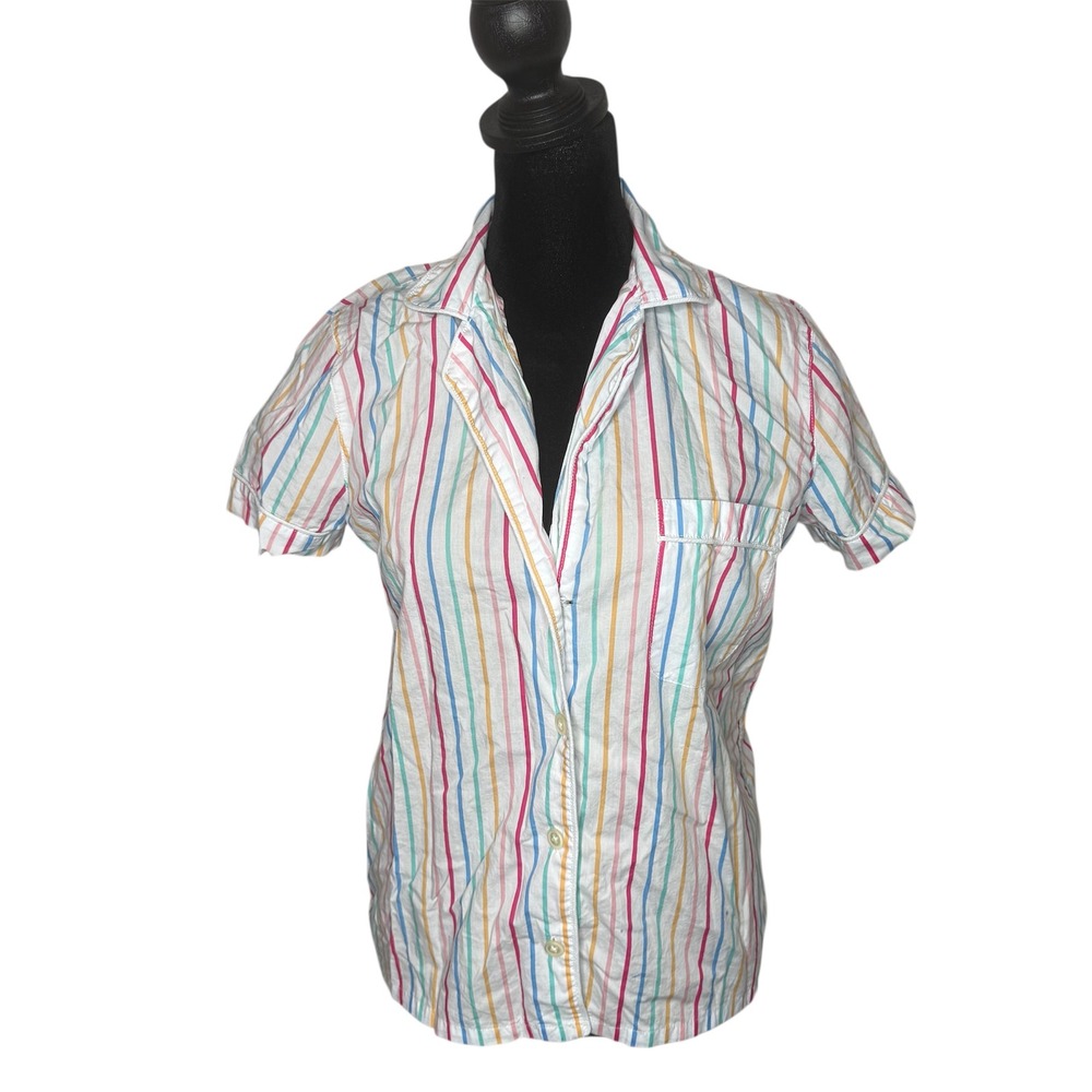 J.Crew Rainbow Striped Pajama Shirt Colorful‎ Short Sleeve Cotton Size XS Button